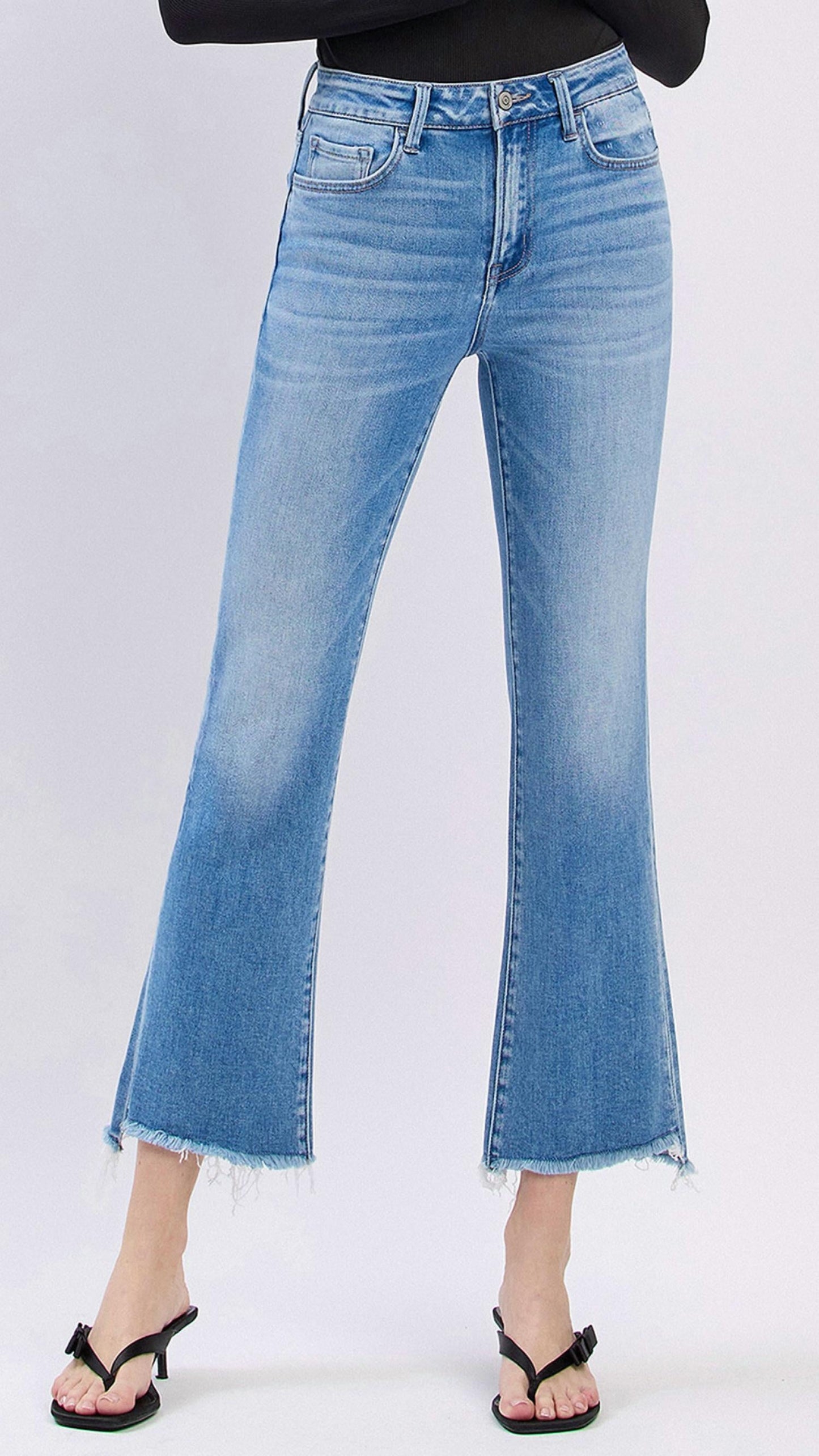 Flying Monkey - High Rise Slant Raw Hem Crop Flare Jeans