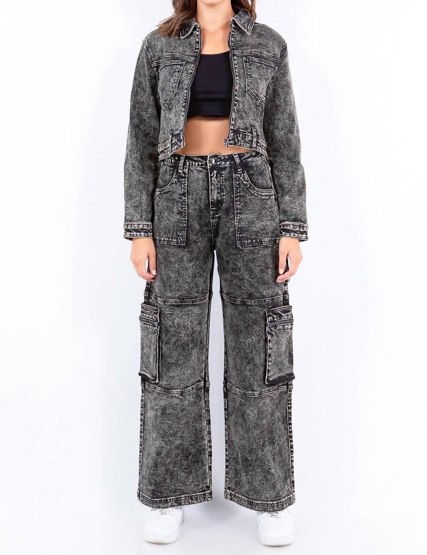 American Bazi - Chic Cropped Zip-up Bleached Jacket