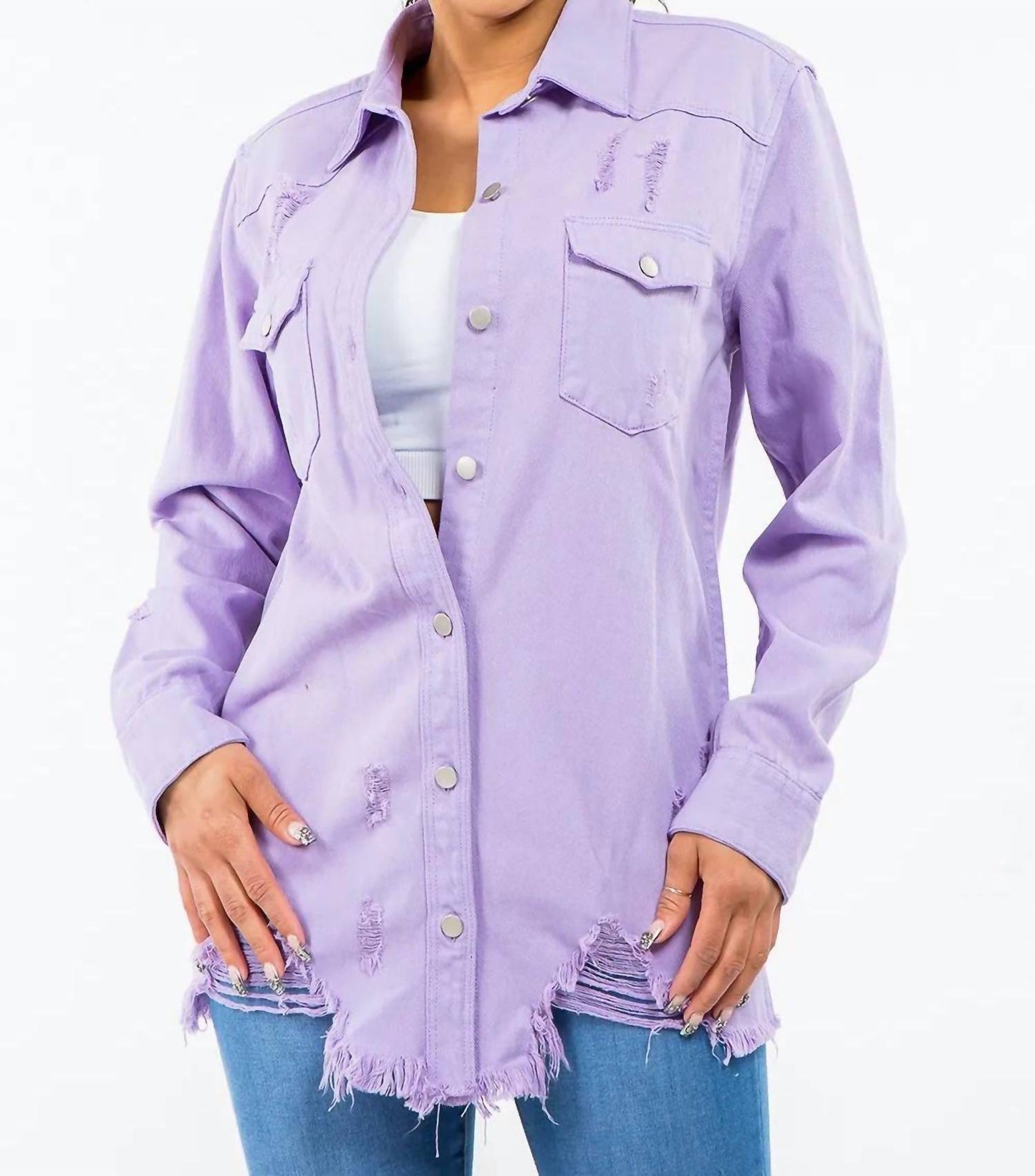 Trendsi - American Bazi Frayed Hem Distressed Denim Jacket