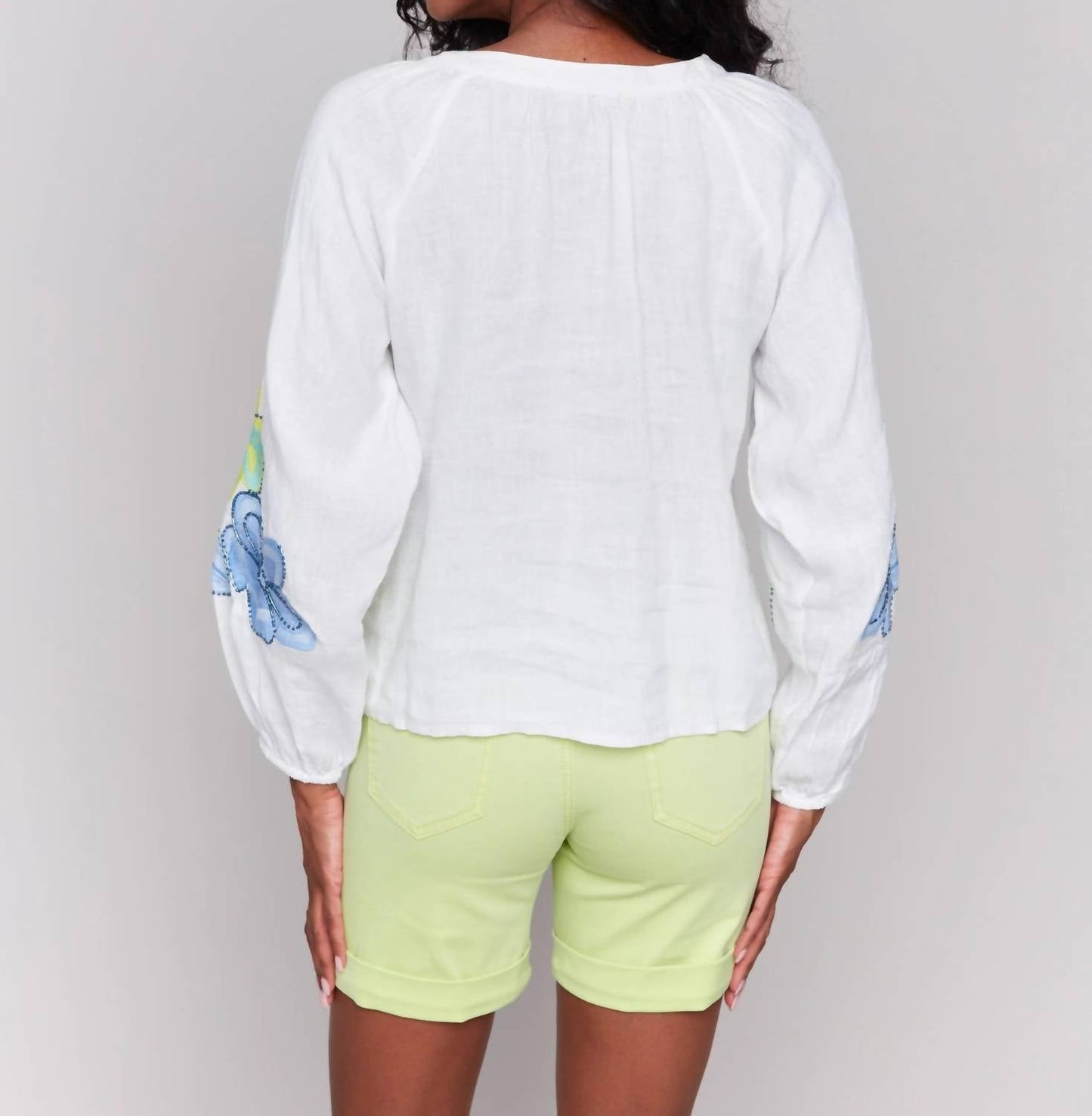 Charlie B - Cotton-linen Button Front Blouse With Embroidery