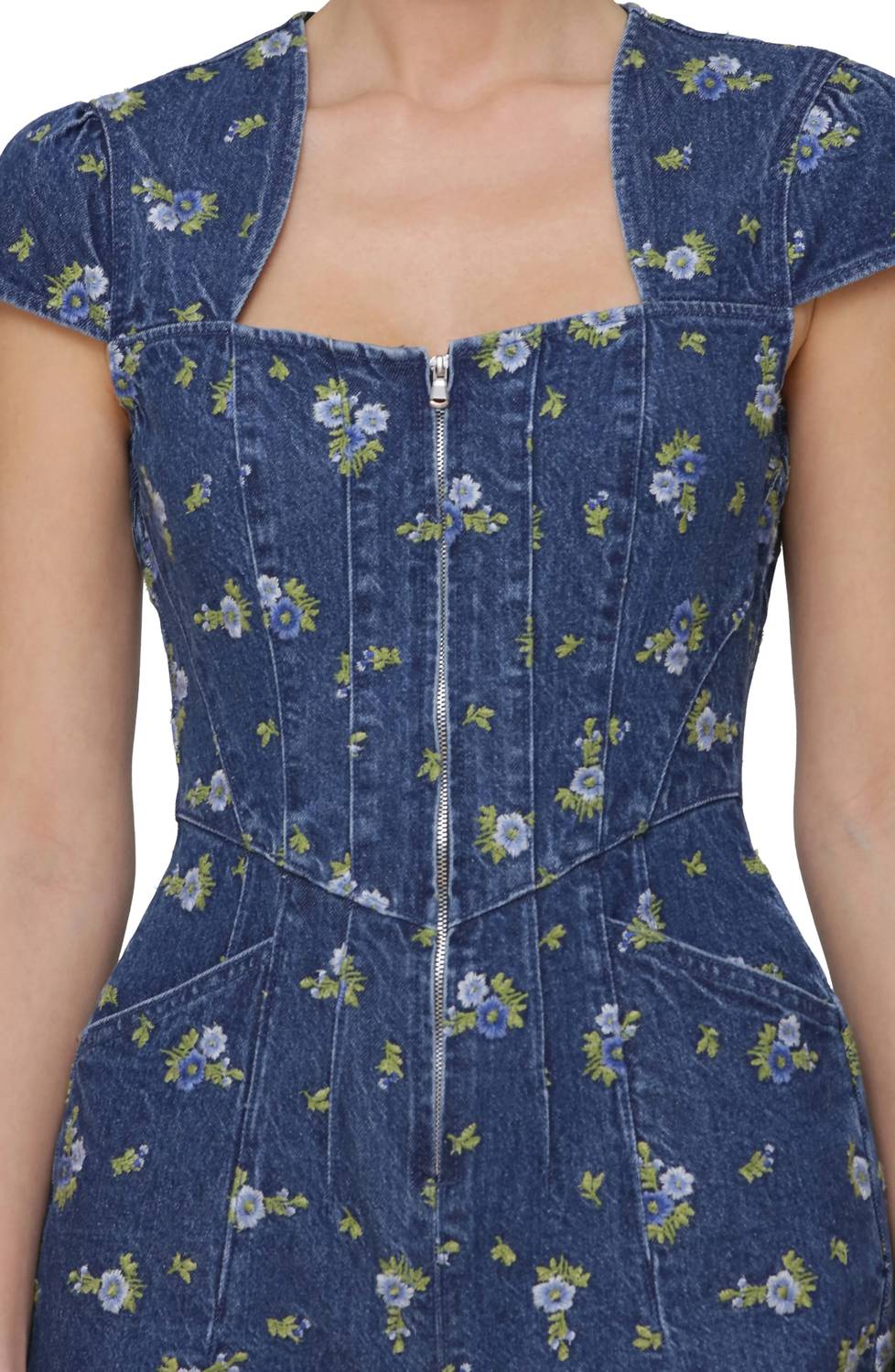 Avec Les Filles - Floral Cap Sleeve Corset Wide Leg Denim Jumpsuit