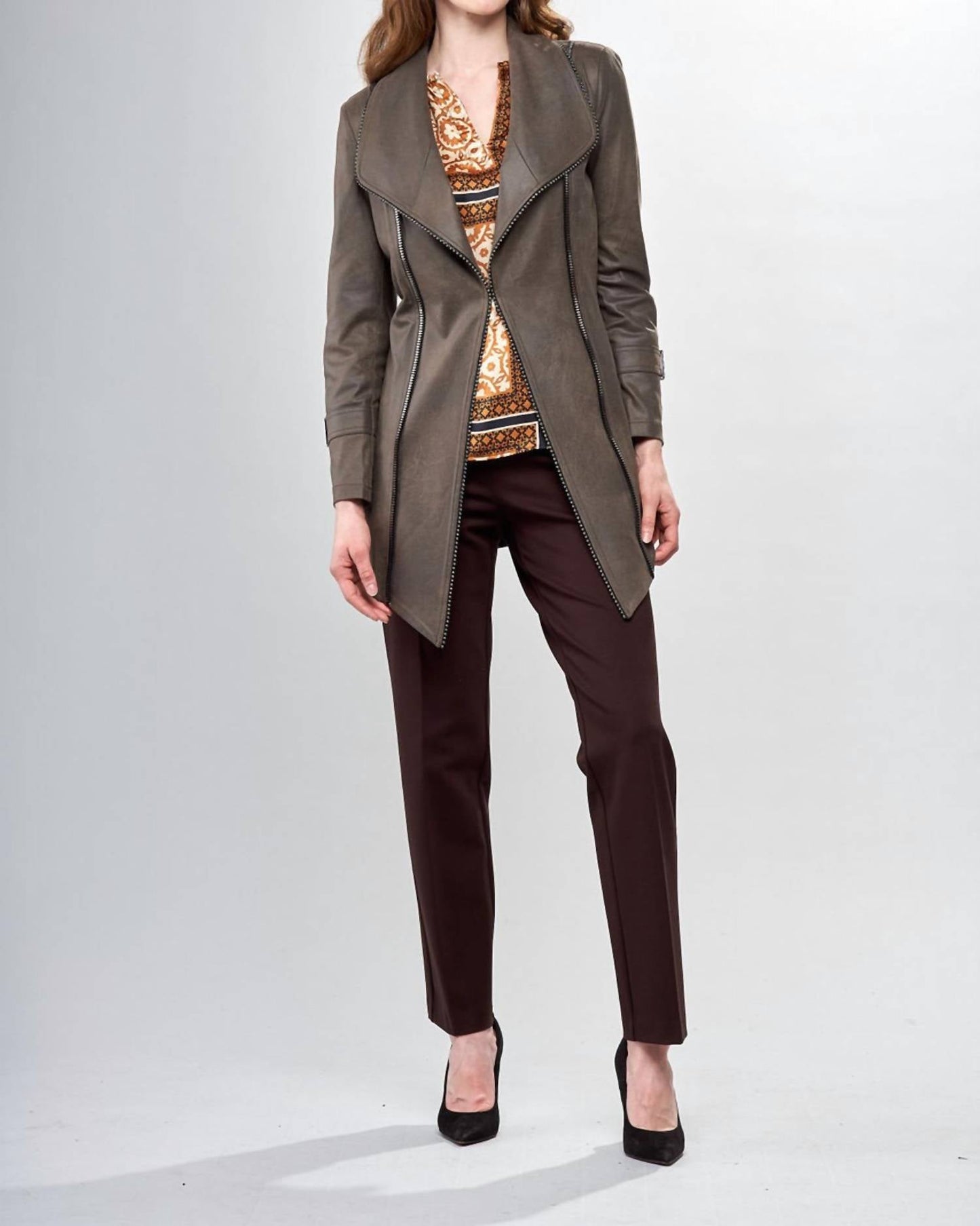 Insight - Vegan Leather Long Jacket with Hook & Eye Closure