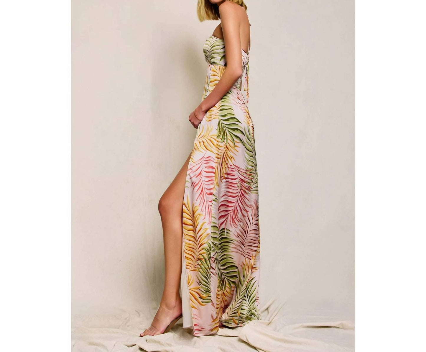 Dress Forum - Tropical Leaf Printed Satin Maxi Dress
