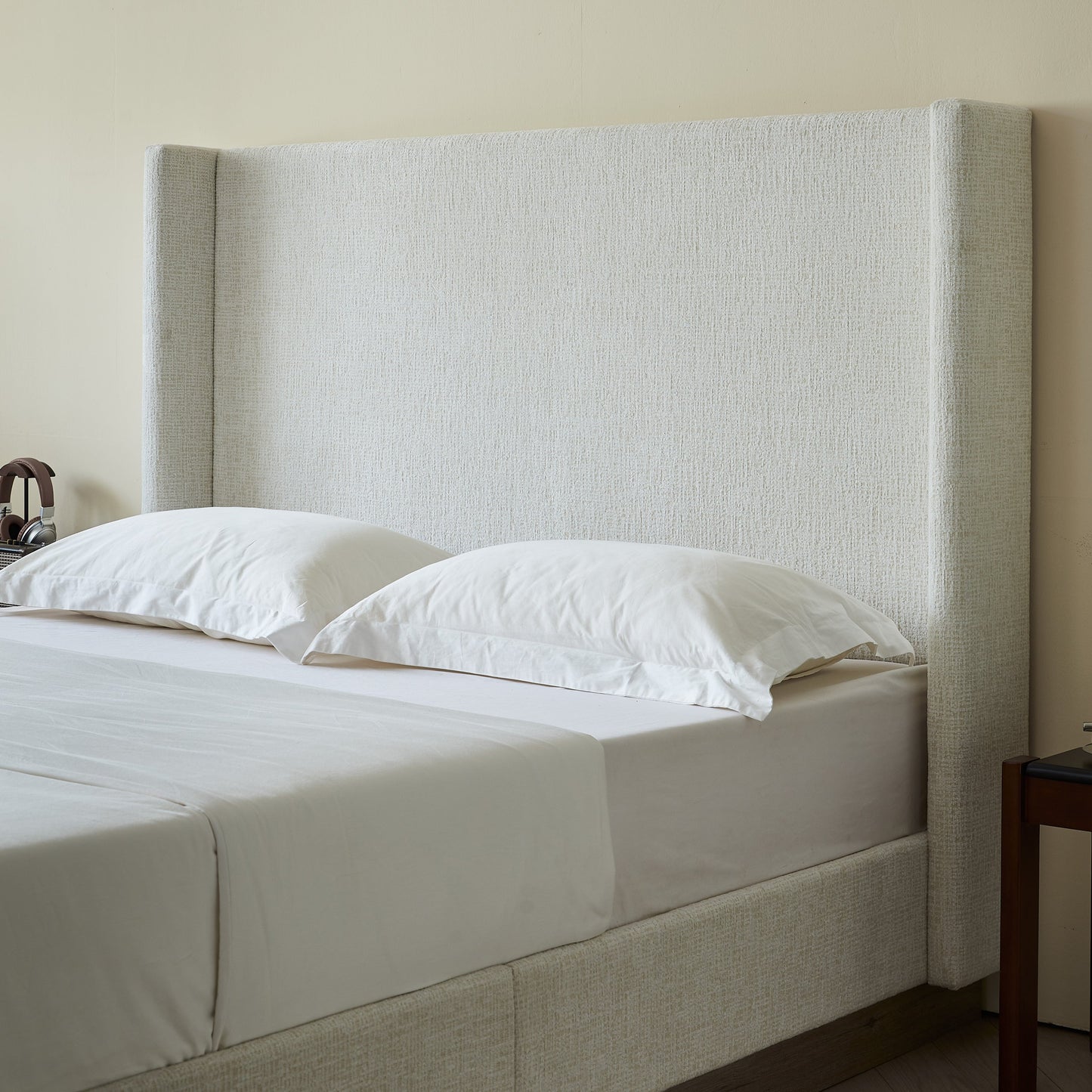 Hosford Upholstered Wingback Bed with Wood Base Platform