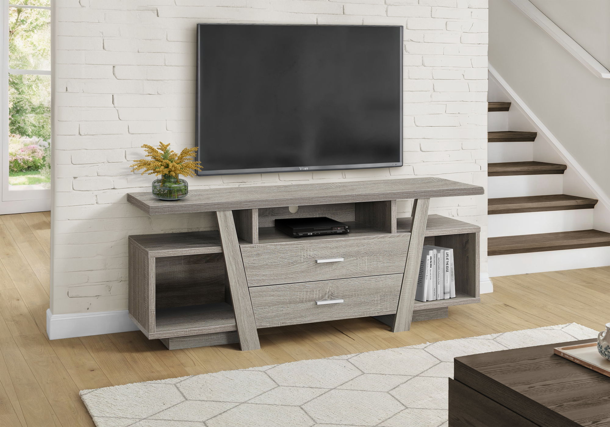 TV Stand, Console, Media Entertainment Center, Storage Drawers - Taupe