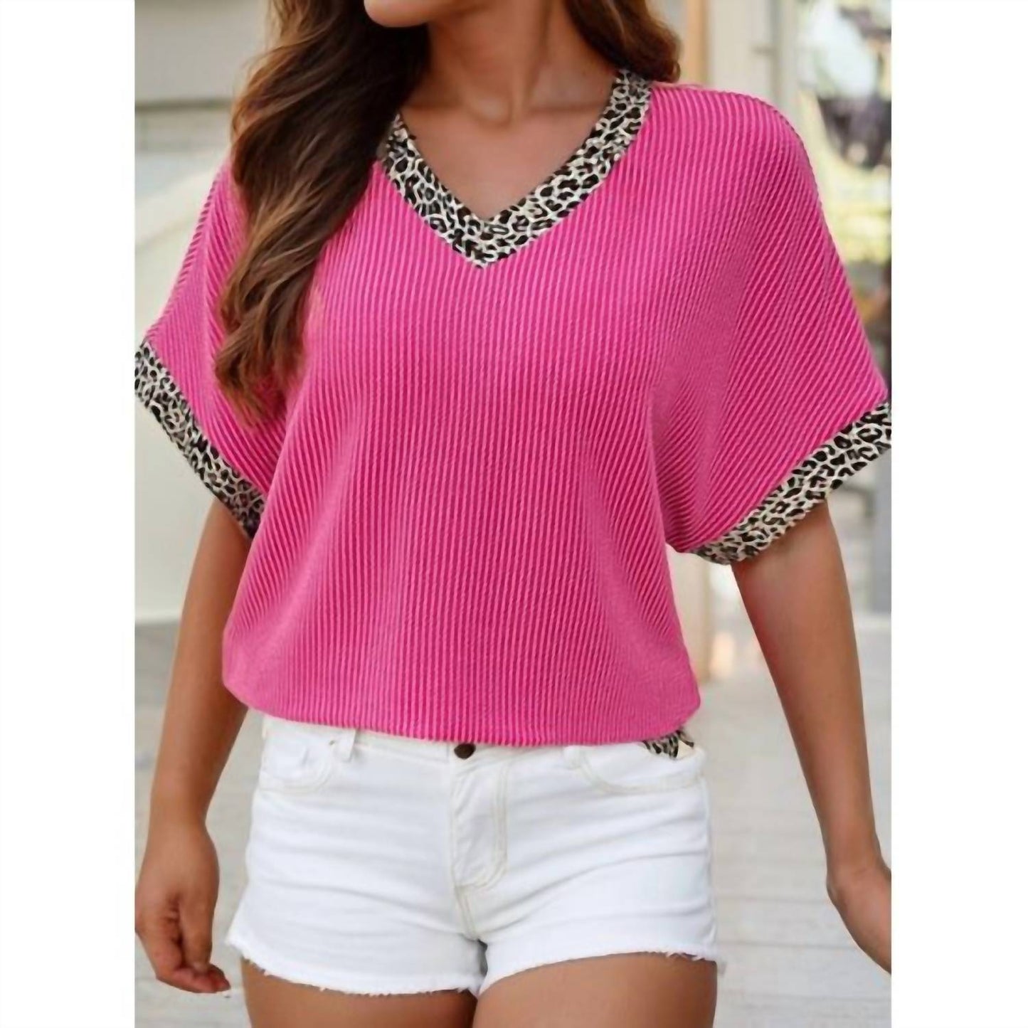 1 The Woman - Leopard Trim V-neck Top