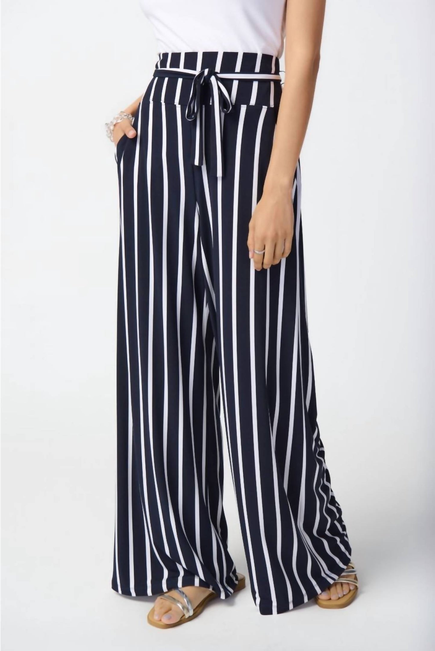 Joseph Ribkoff - Joseph Ribkoff Striped High-waist Belted Wide-leg Pants 241135 *