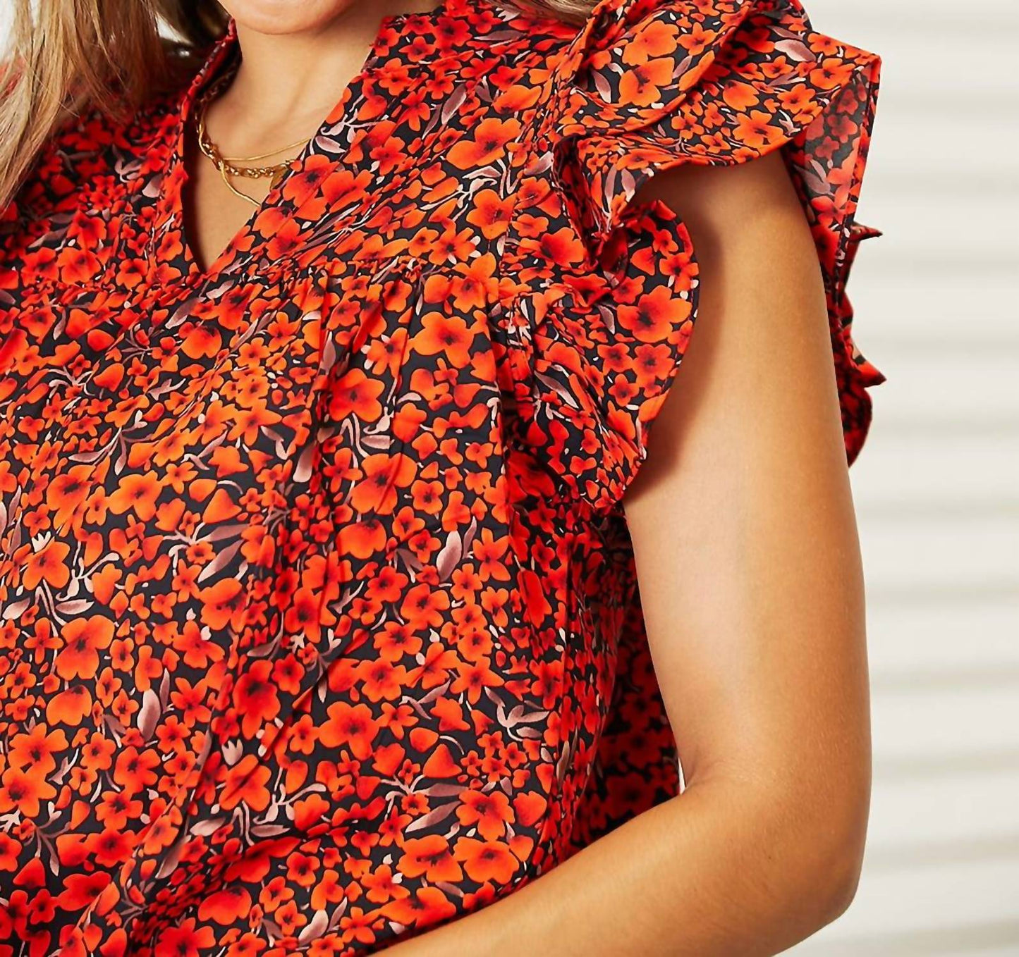 Double Take - Floral Flutter Sleeve Notched Neck Blouse