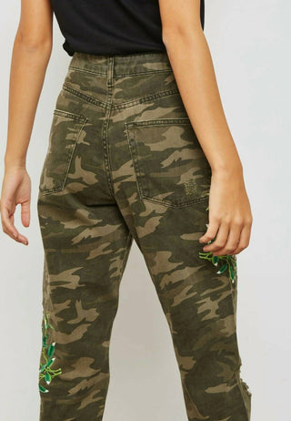 Topshop - High Rise Camo Print Floral Embroidery Ripped Mom Jeans