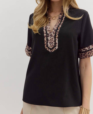 Entro - Leopard Accent Short Sleeve Blouse