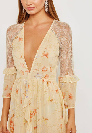 Topshop - Floral Print Lace Rhinestones Ruffle Midi Dress