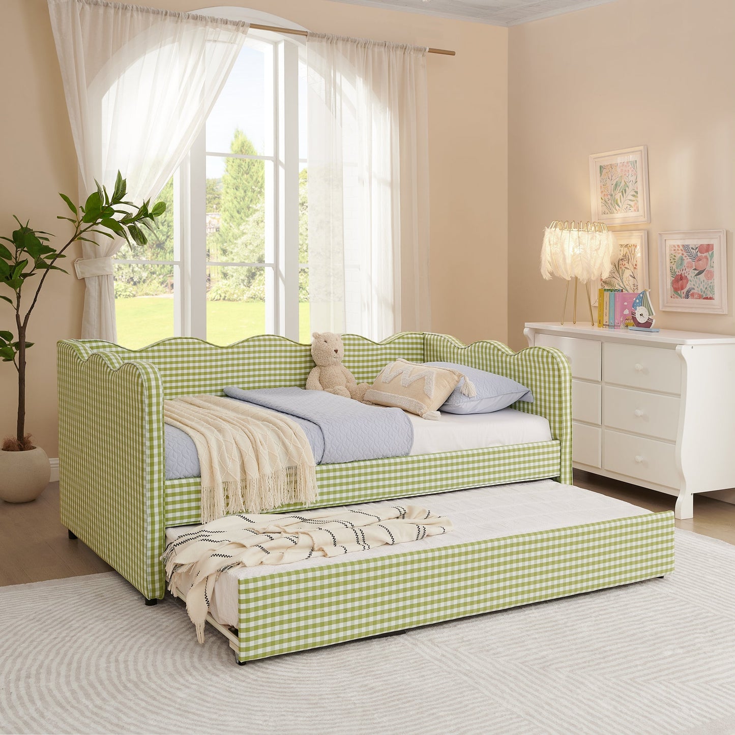 Cozy Gingham Daybed with Trundle Twin Size Sofa Bed