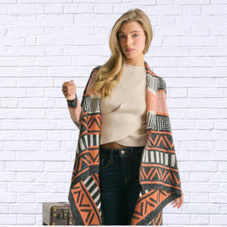 Davi & Dani - Printed Shawl Fringed Hem Cardigan