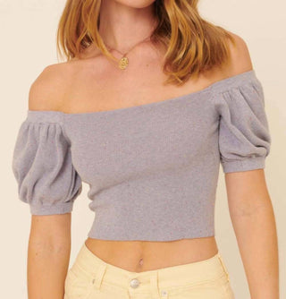 Promesa - Speckled Rib Knit Off Shoulder Puff Crop Sweater
