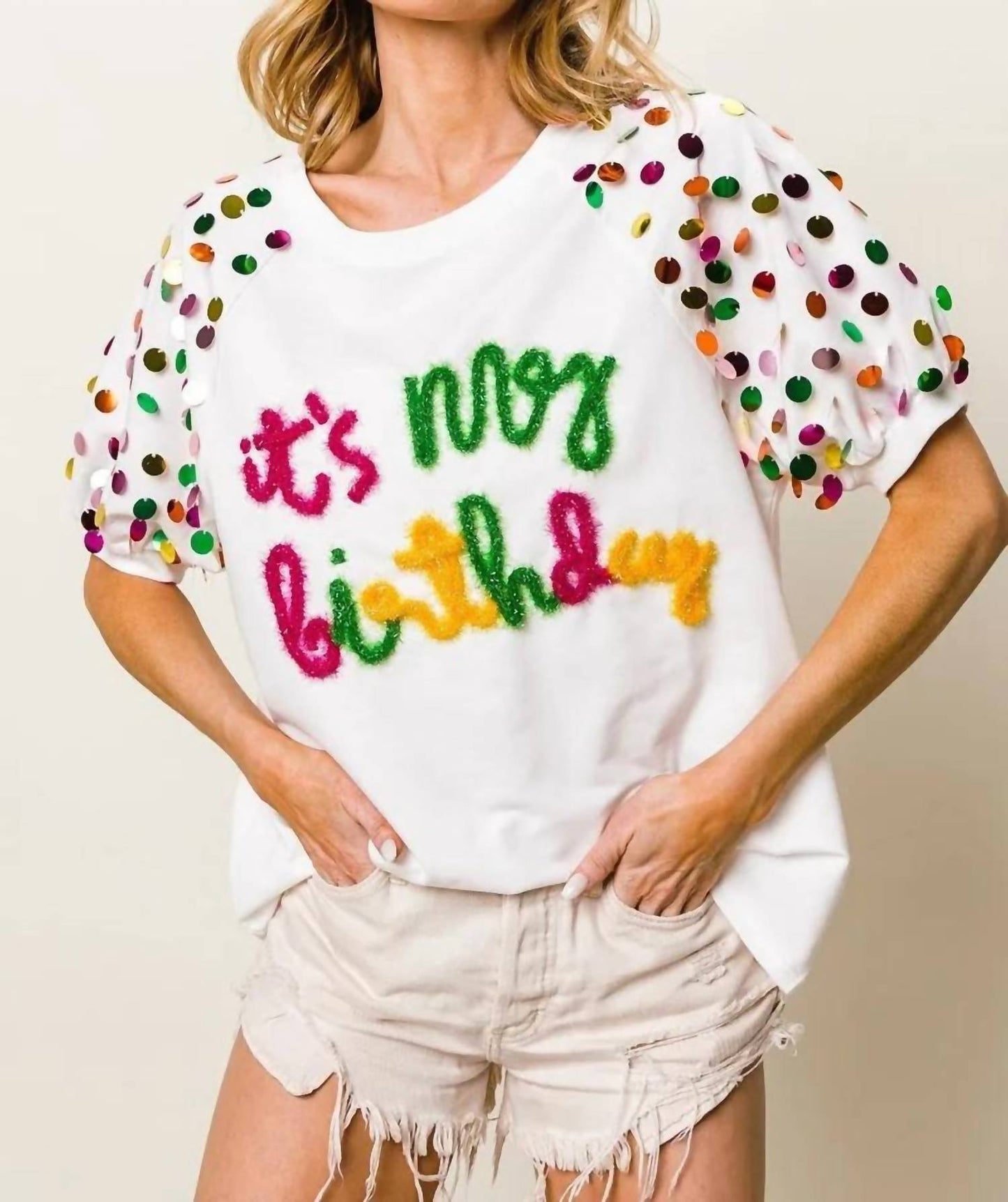 Trendsi - BiBi Metallic Letter Spangle Raglan Puff Sleeve Top