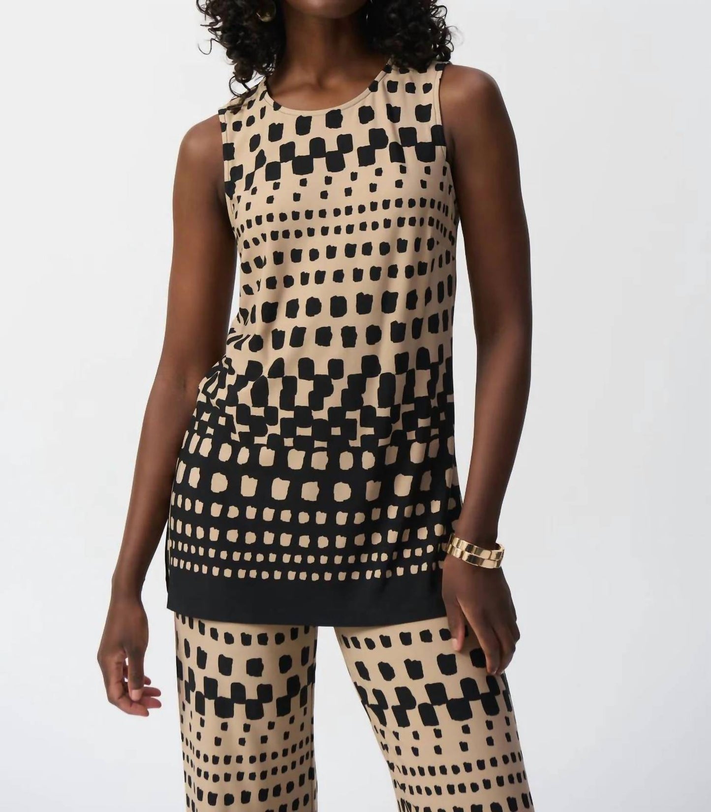 Joseph Ribkoff - Polka Dot Print Crew Neck Sleeveless Tunic Top