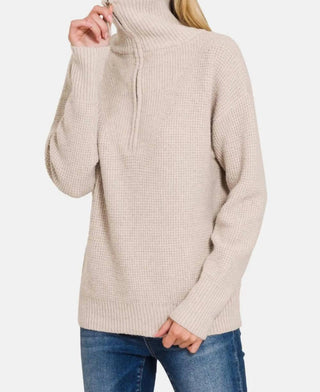 Zenana - Half Zip Long Sleeve Sweater