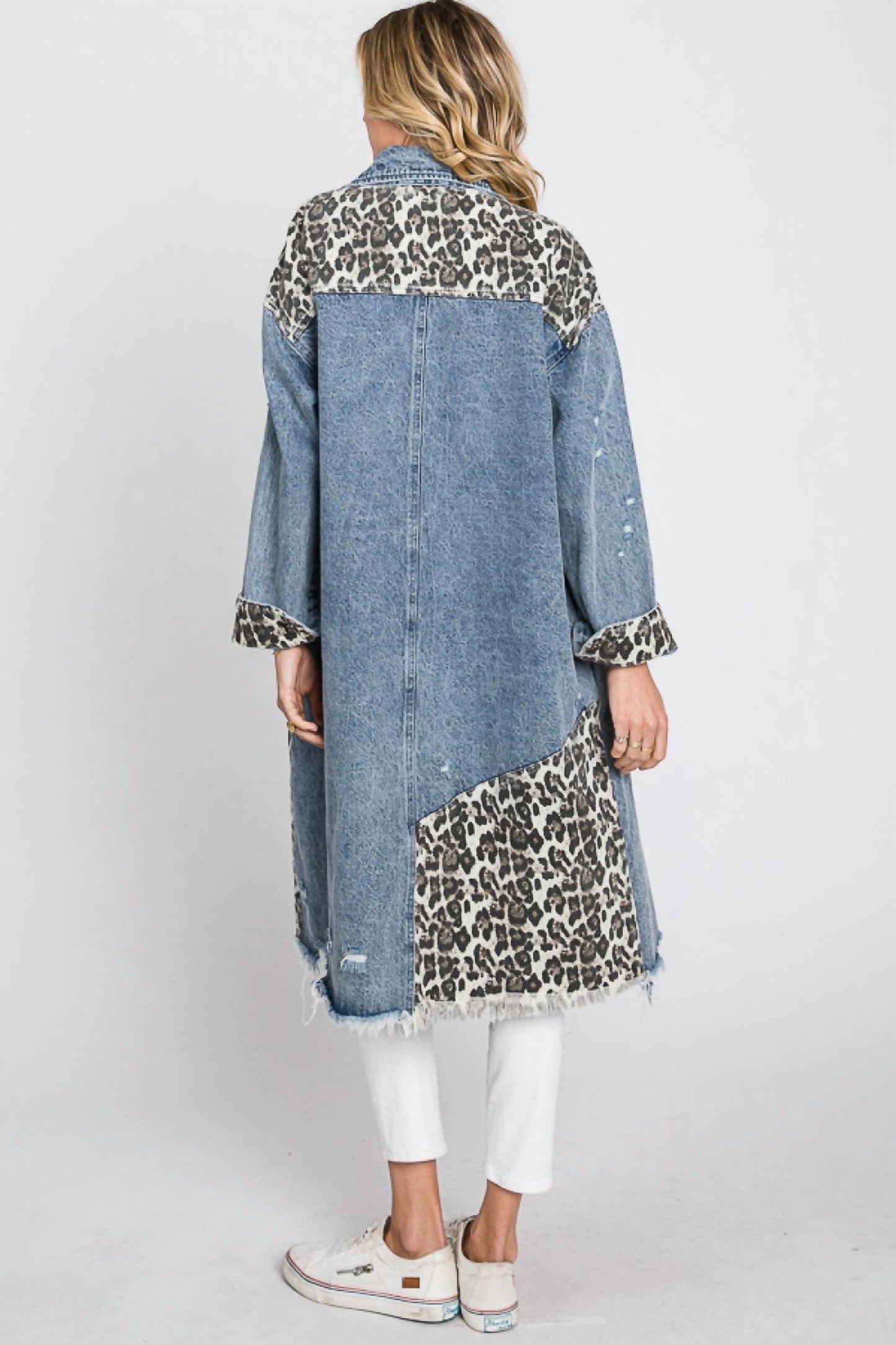 Oli & Hali - Long Color Block Leopard Denim Jacket