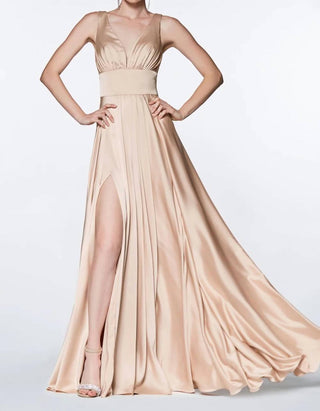 Ladivine - Long Satin A-line Dress With Slit