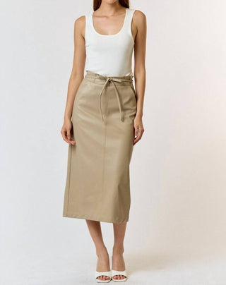 Lalavon - Polyurethane Leather Waist Tie Midi Skirt