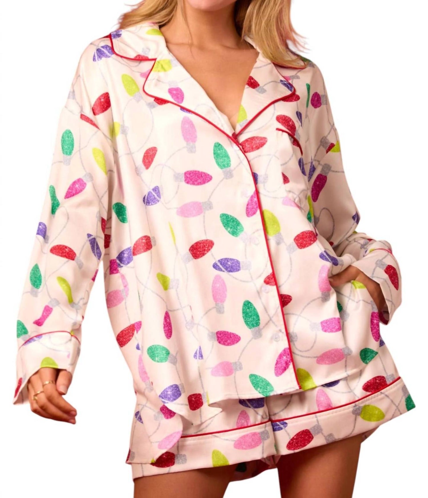 Peach Love - Satin Christmas Lights Prints Pajama Set