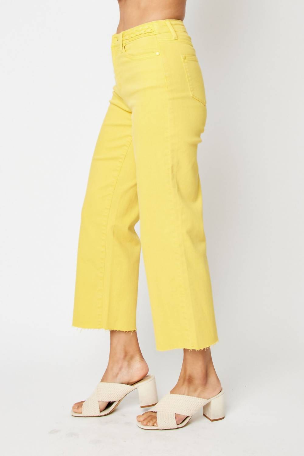 Judy Blue - Hight Waist Garment Dyed Braided Waistband Crop Wide Leg Jeans