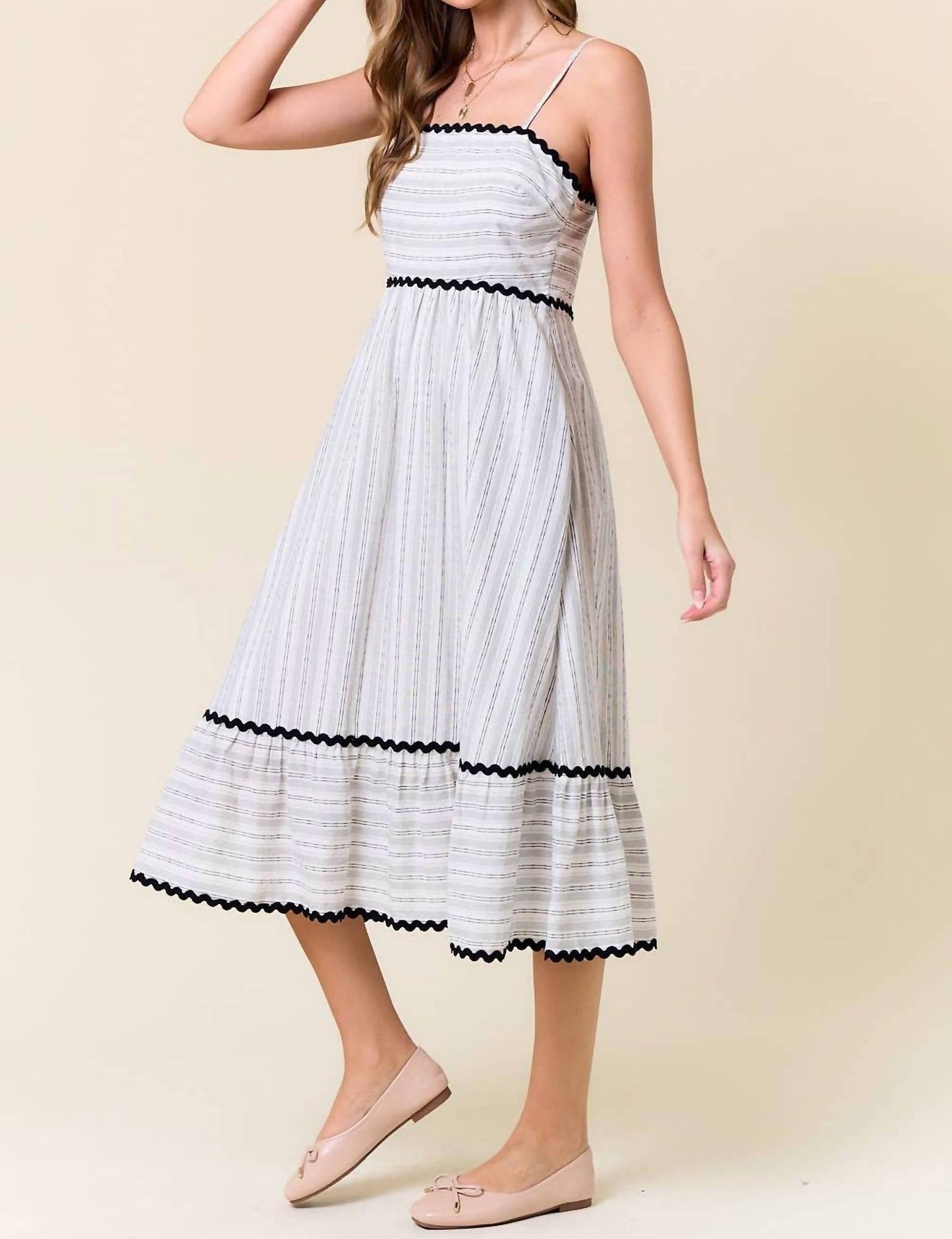 Doe And Rae - Striped Rick Rack Trimmed Tiered Midi Dress