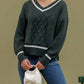 Blu Pepper - V-Neck Cable Knit Sweater w/Contrast Detail