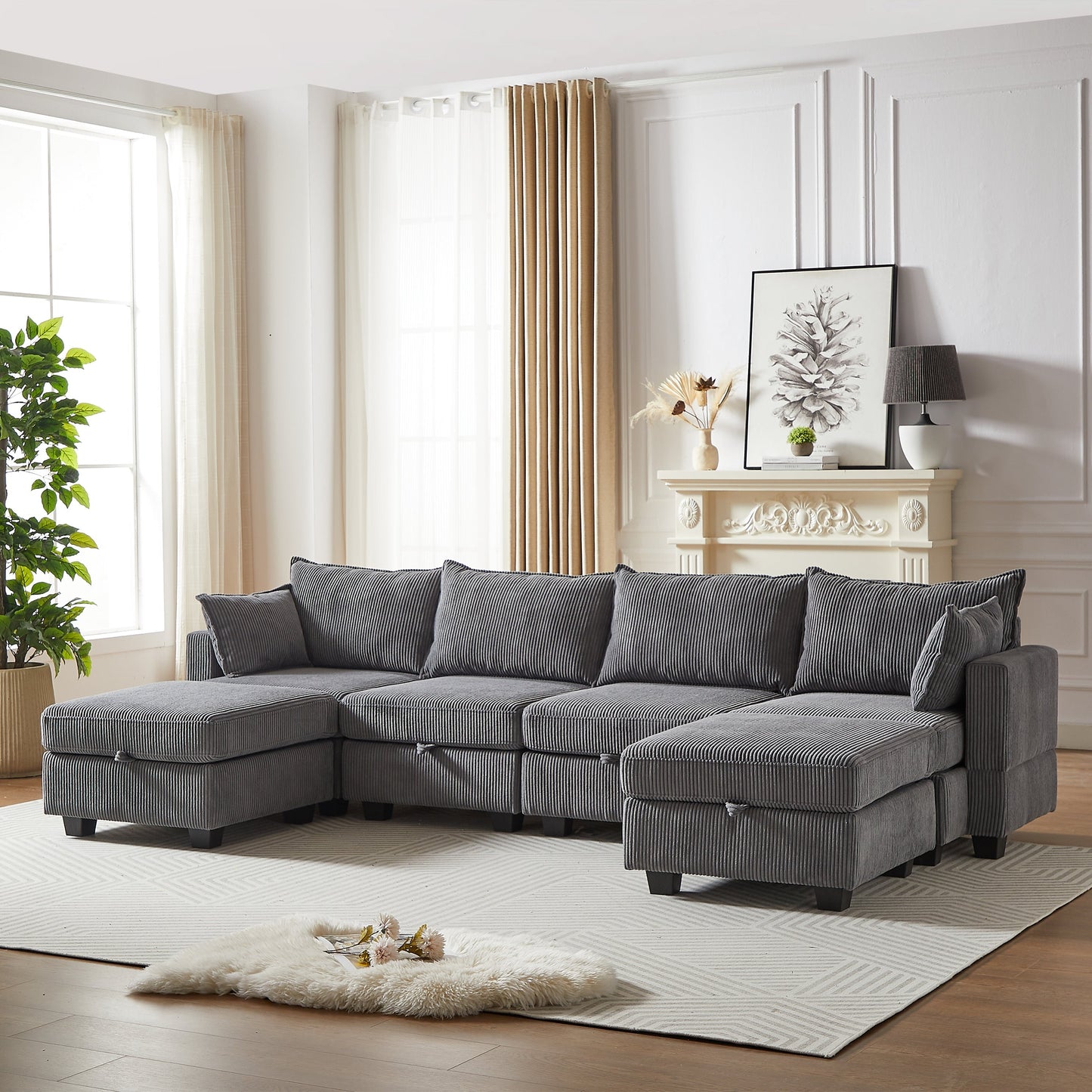 113.5'' Modular Sectional Corduroy Sofa with Storage Ottoman