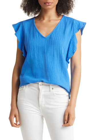 Caslon V Neck Ruffle Sleeve Top - Blue Palace