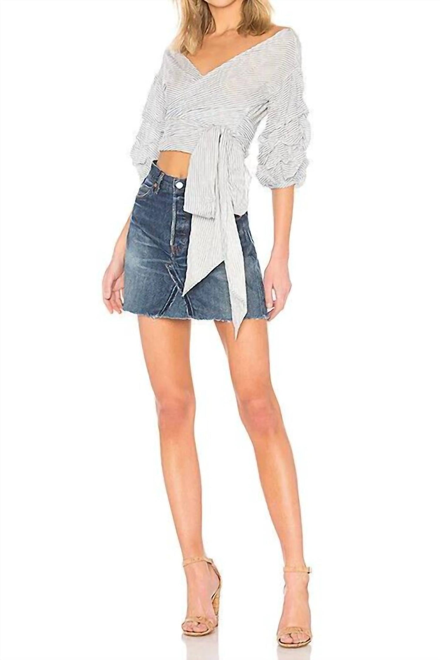 Lovers + Friends - Striped Puff Sleeve Bow Wrap Blouse