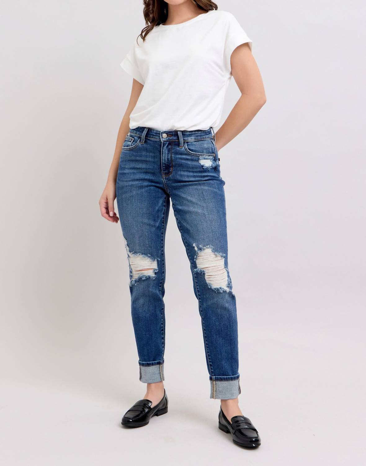 Judy Blue - Distressed Knit Boyfriend Cuffed Jean