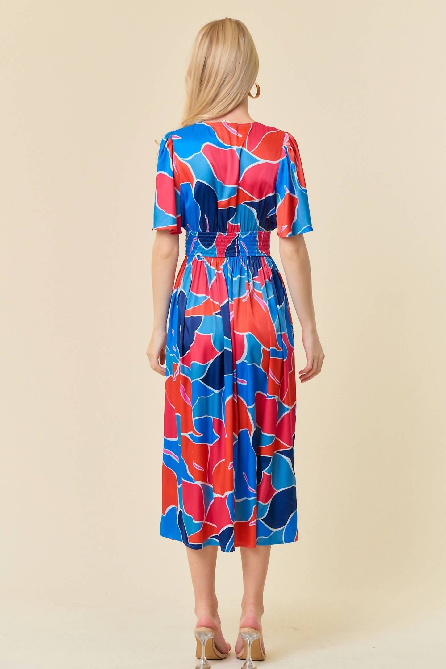 Doe And Rae - Floral V-neck Flutter Short Sleeve Smocked Waist Dress