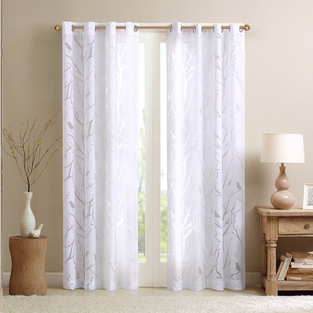 Grommet Top Sheer Bird on Branches Burnout Window Curtain Panel