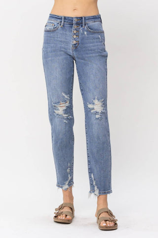 Judy Blue - High Waist Button Fly Destroyed Boyfriend Denim Jeans