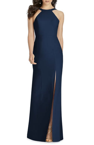 Dessy Collection Cutaway Shoulder Crepe Column Gown in Midnight, Size 14