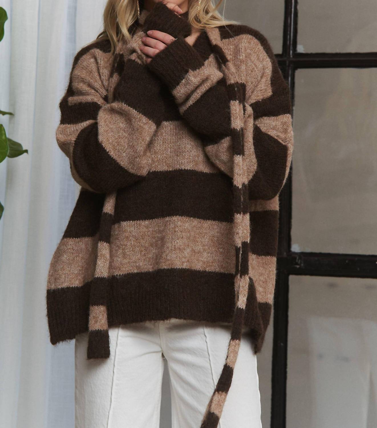 Adora - Stripes Knit Sweater With Scarf