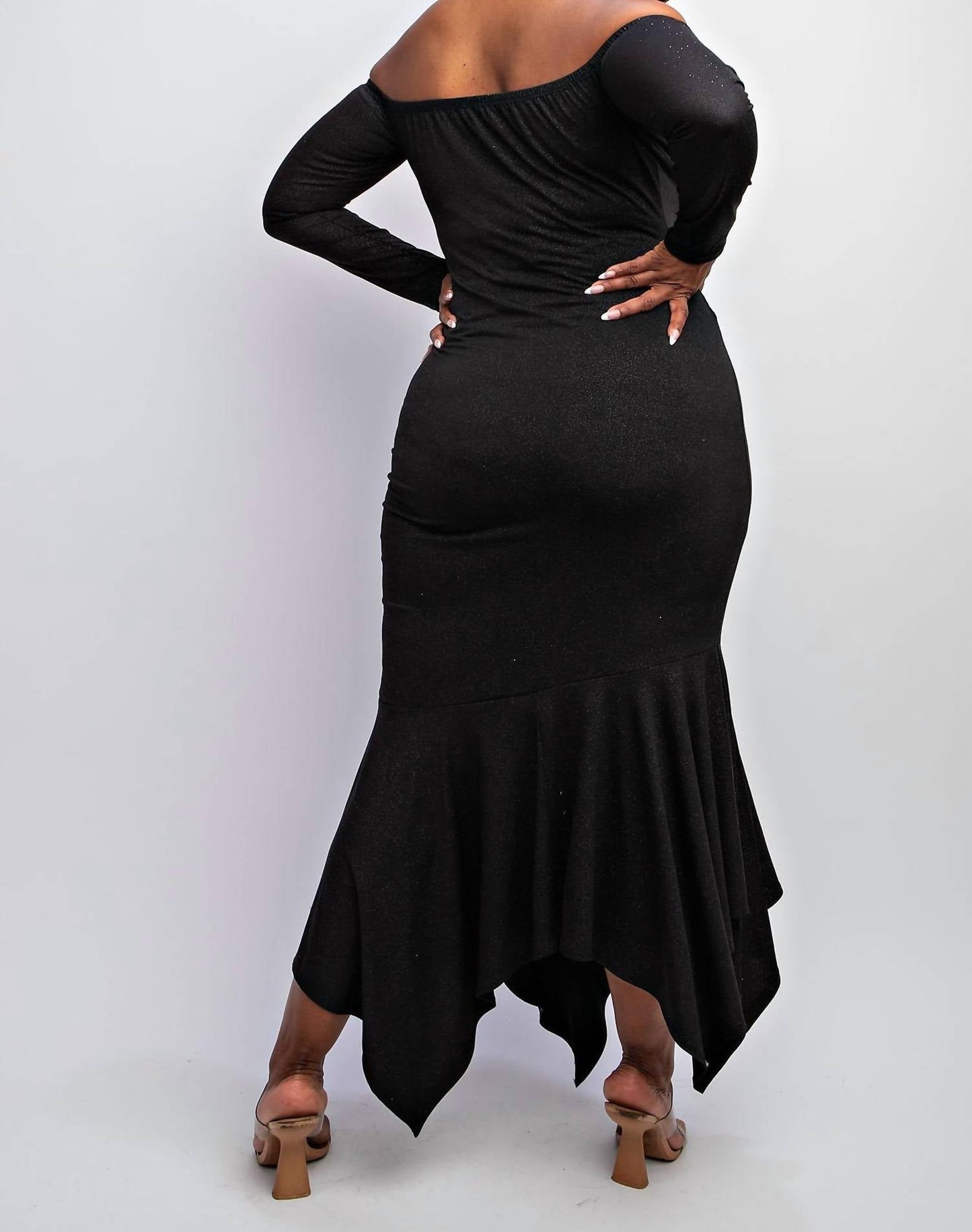 The Curve La - Plus Size Off Shoulder Metallic Knit Dress With Slit