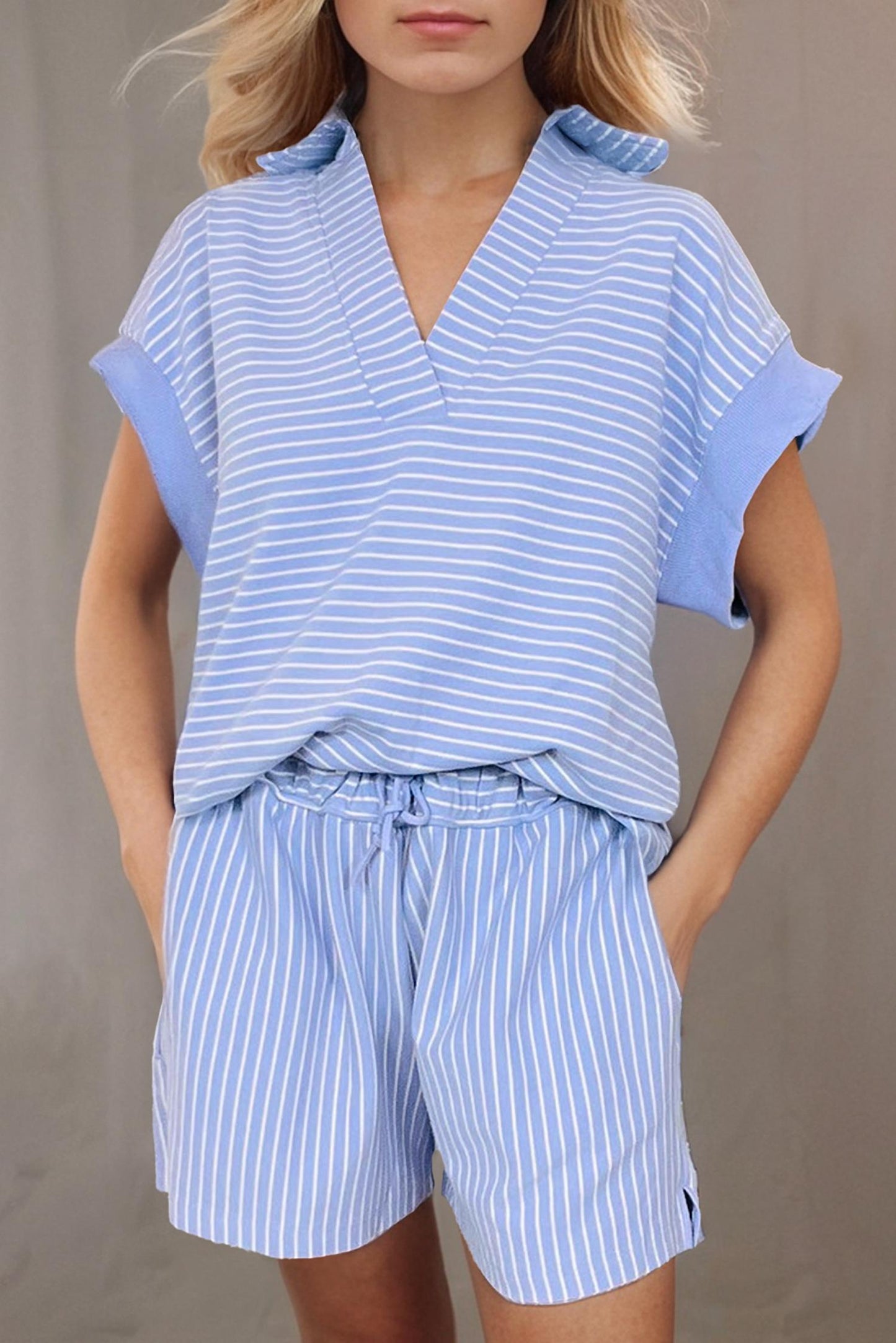 La Society - Stripe Dolman Sleeve Polo Shirt And Drawstring Shorts Set