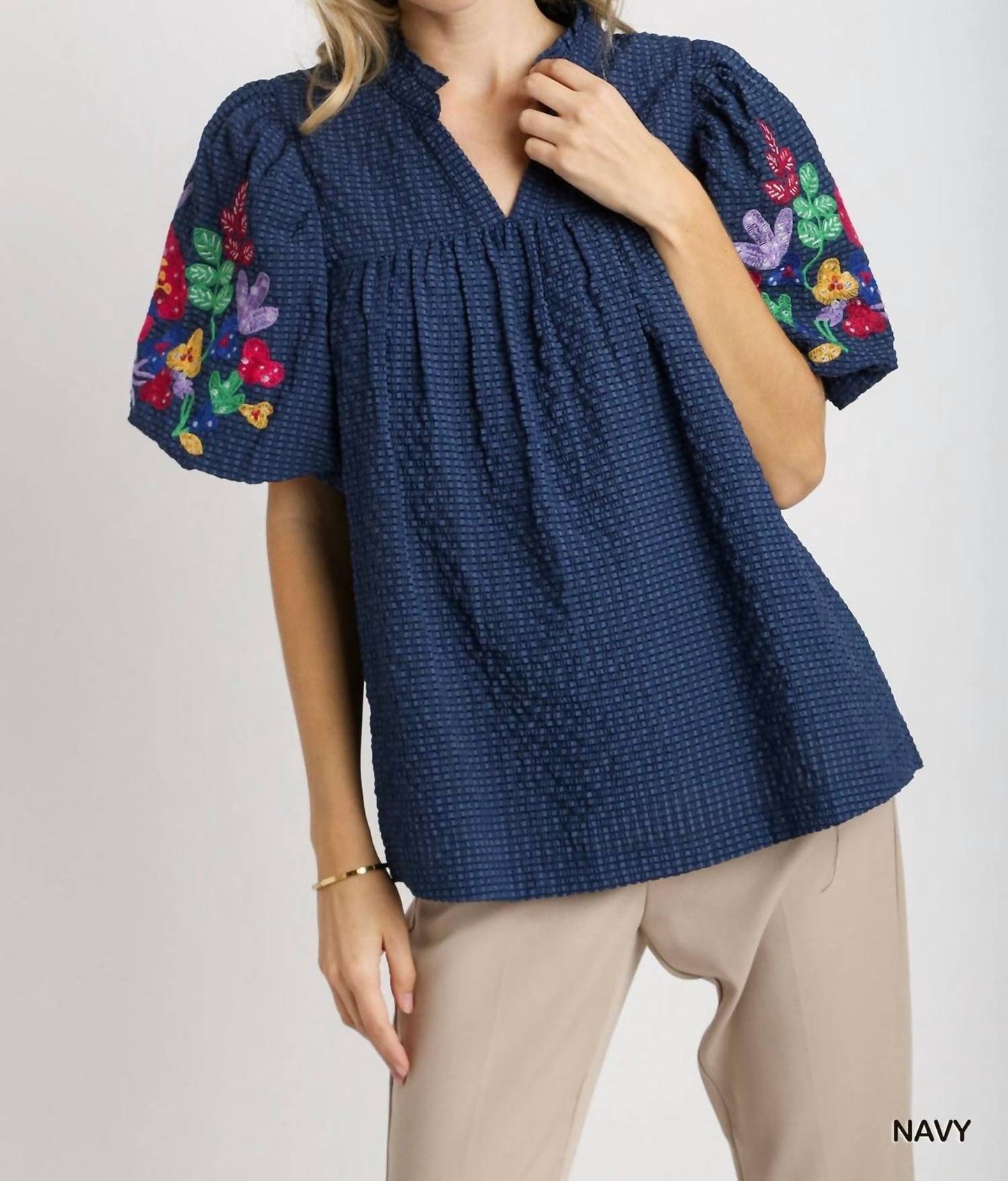 Umgee - Bubble Sleeve Embroidered Blouse