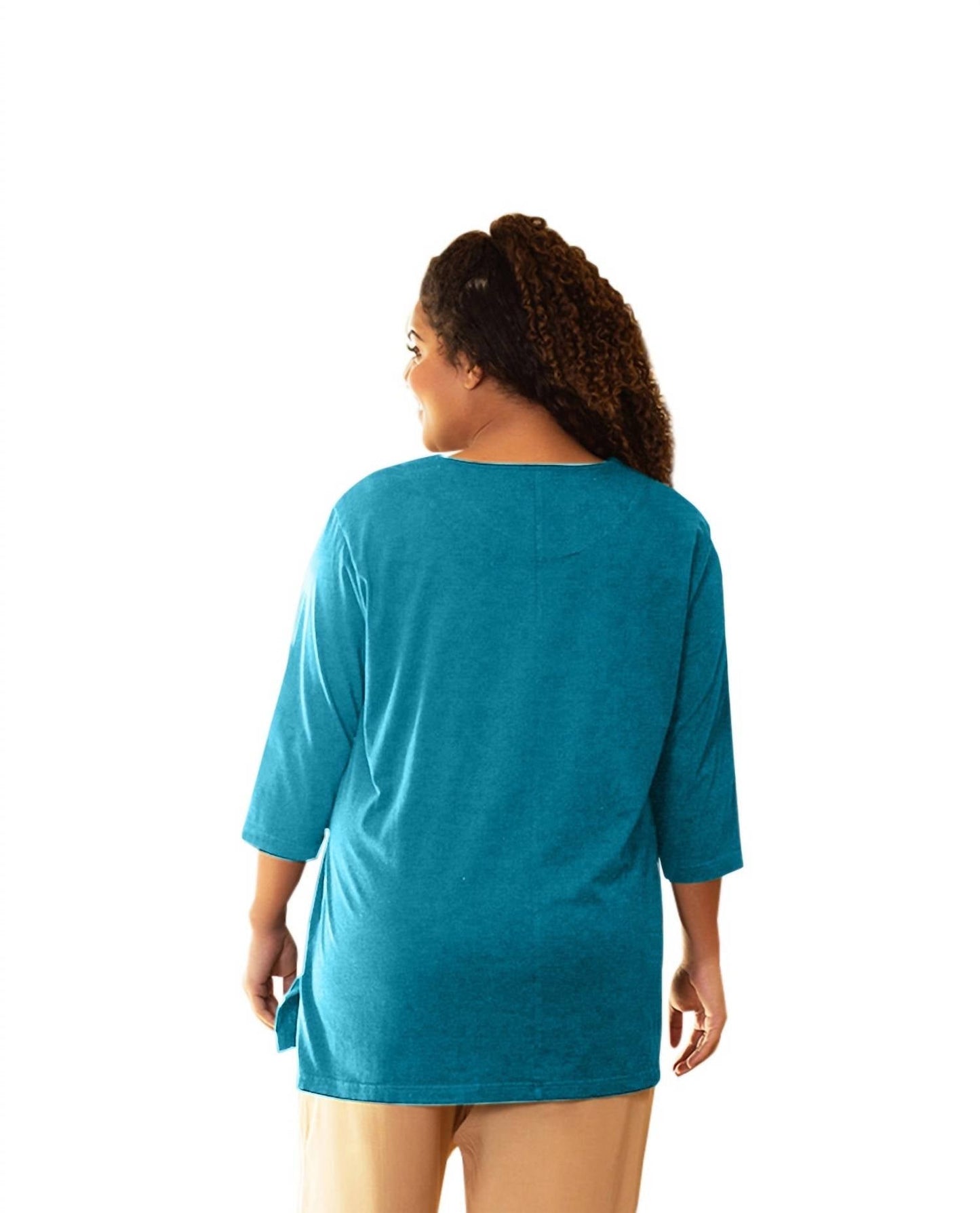 On The Plus Side - Cotton 3/4 Sleeve U-Neck Tee - Plus