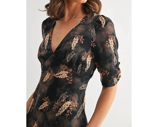 Fun 2 Fun - Leaf Print Satin Midi Dress