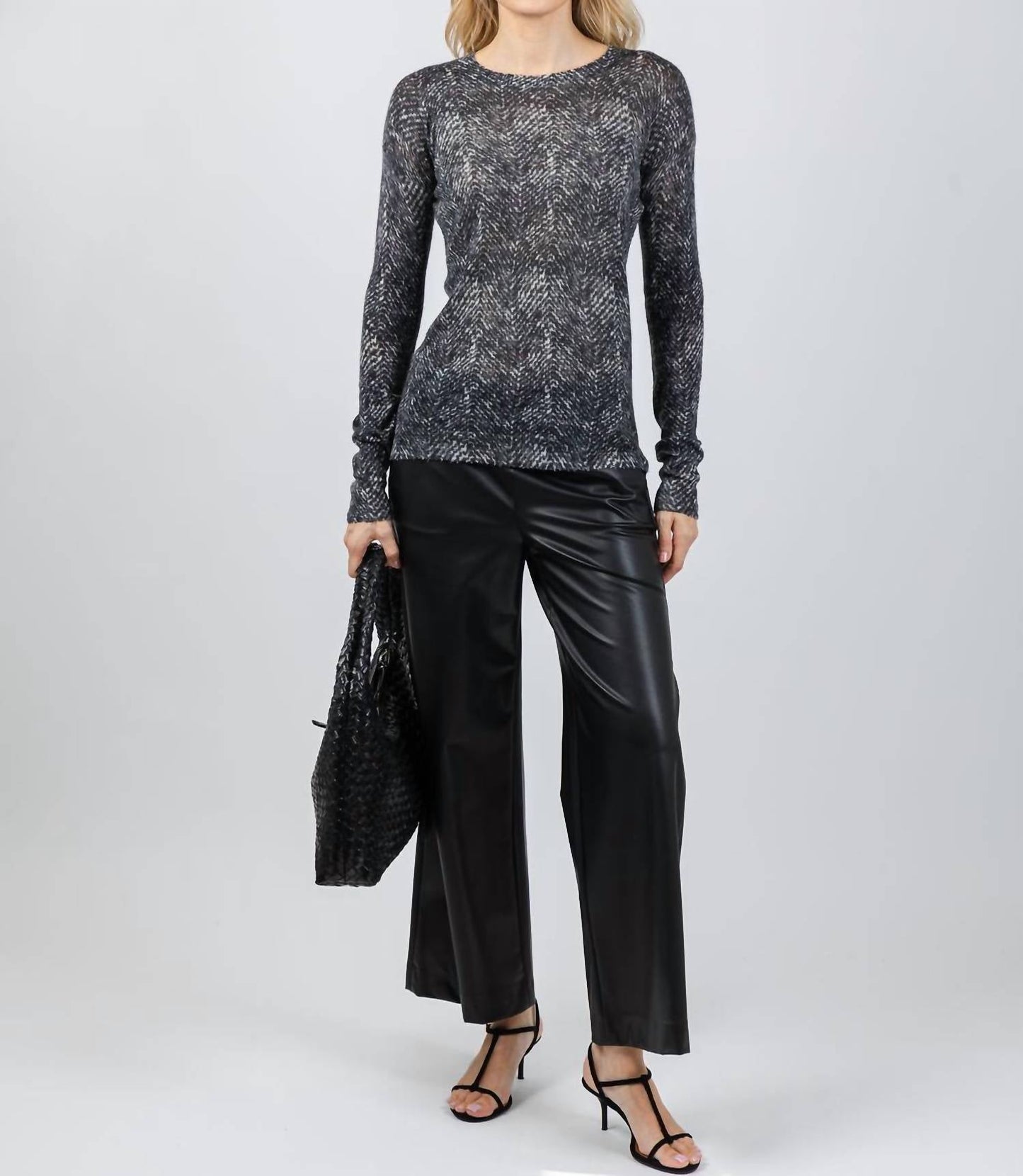 Autumn Cashmere - Cashmere Herringbone Print Raw Edge Crew Sweater
