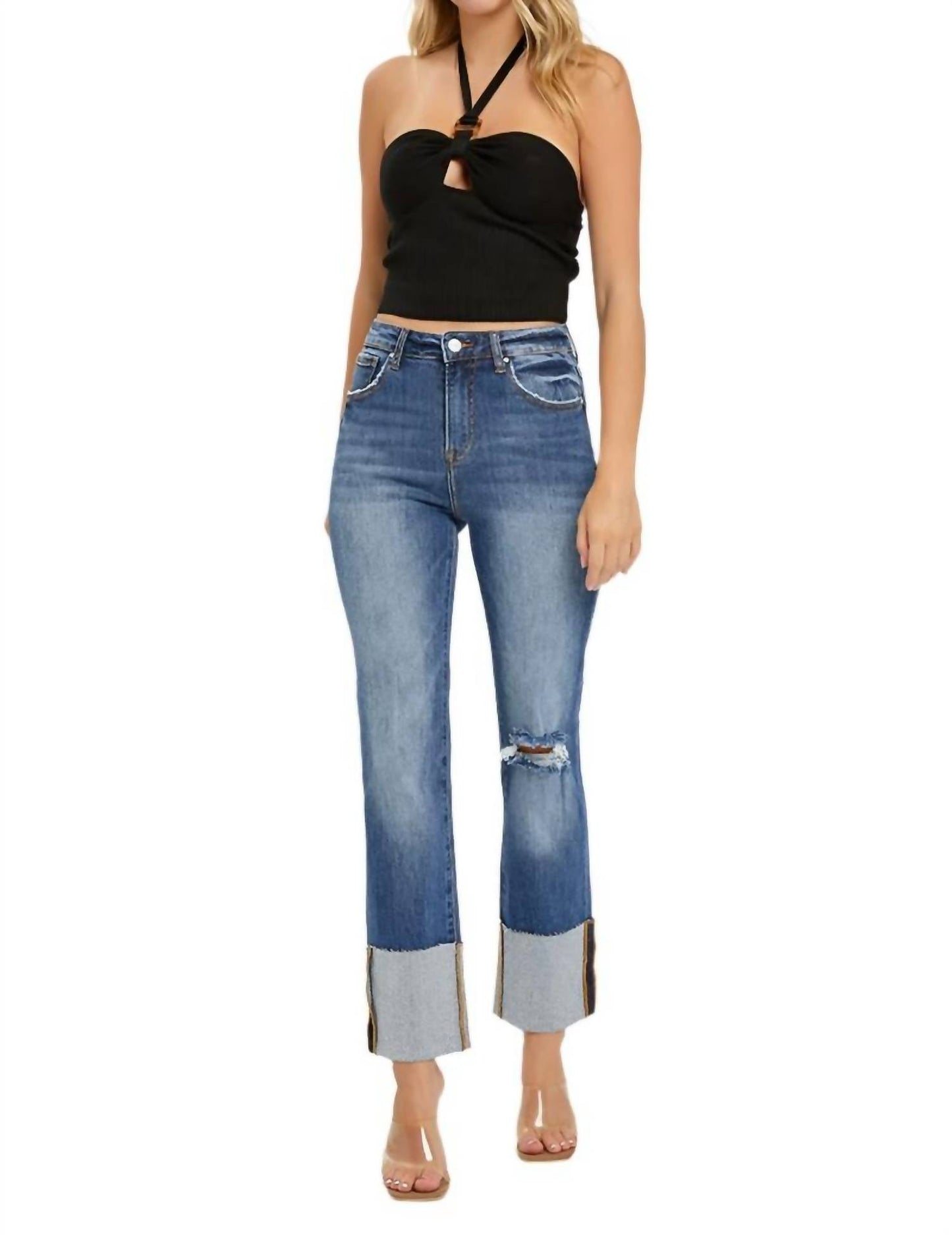 Risen - High Rise Ankle Straight Wide Cuffed Jeans