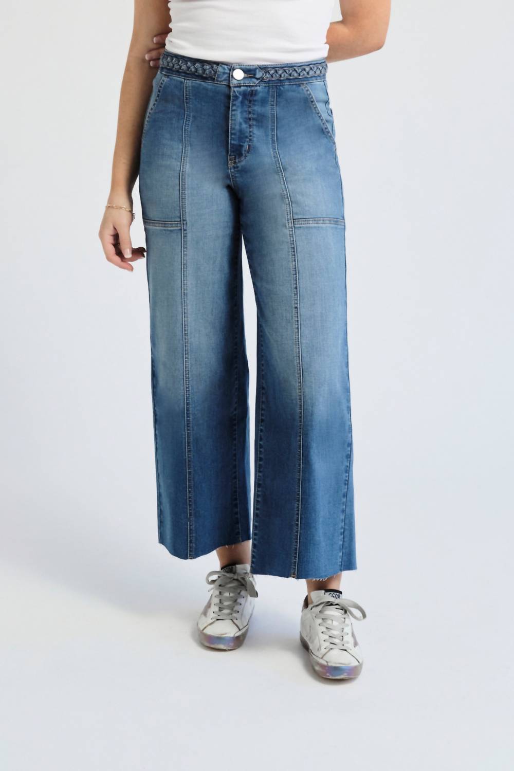 1822 Denim - High Rise Wide Leg Braided Waistband Denim Jeans