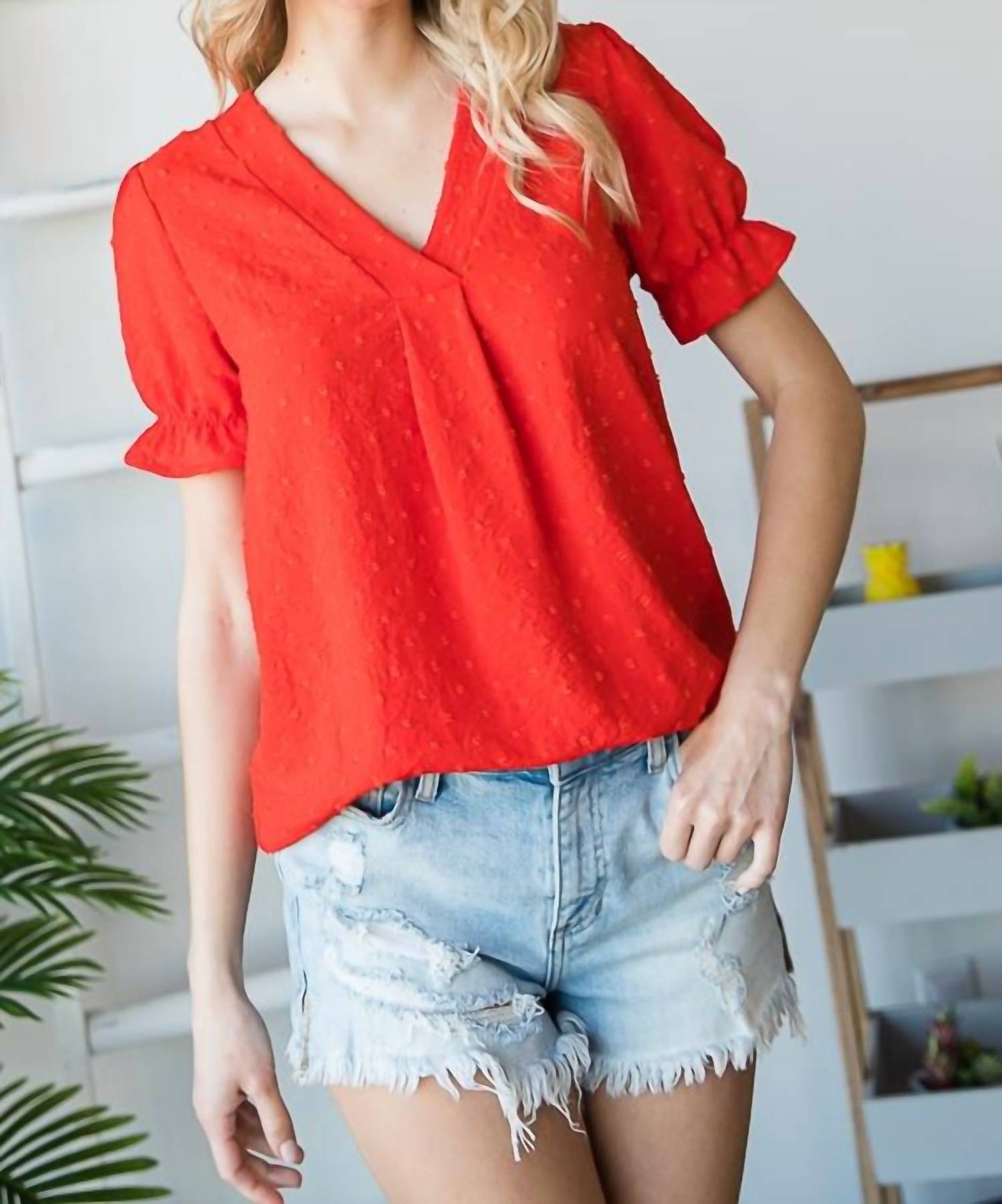7Th Ray - V-neck Swiss Dot Ruffle Short Sleeve Blouse