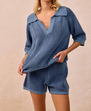 Bibi - Two Toned Textured Ribbed Sweater Top And Shorts Set