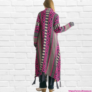 Davi & Dani - Printed Shawl Fringed Hem Cardigan