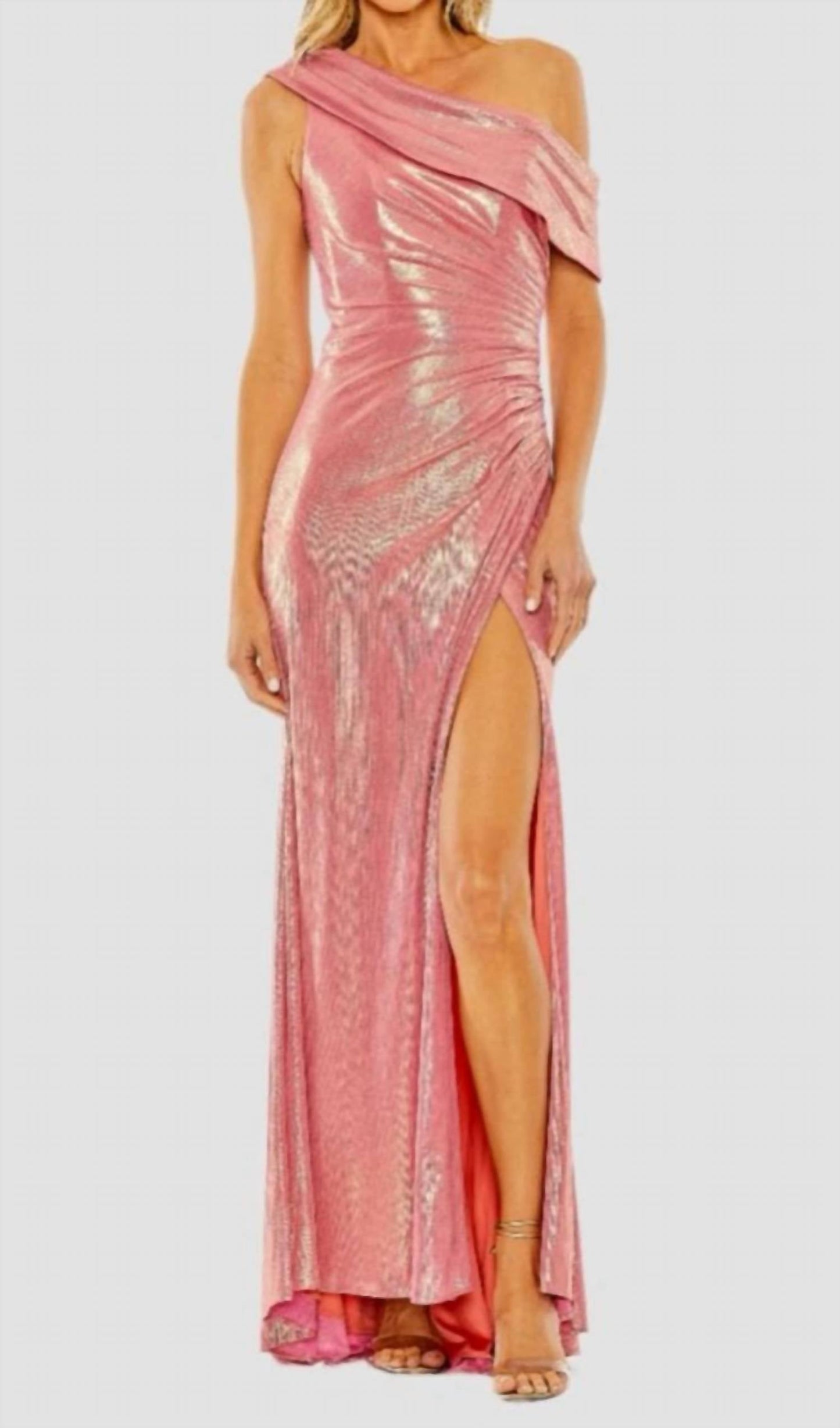 Mac Duggal - Metallic Off The Shoulder Ruched Waist Slit Gown