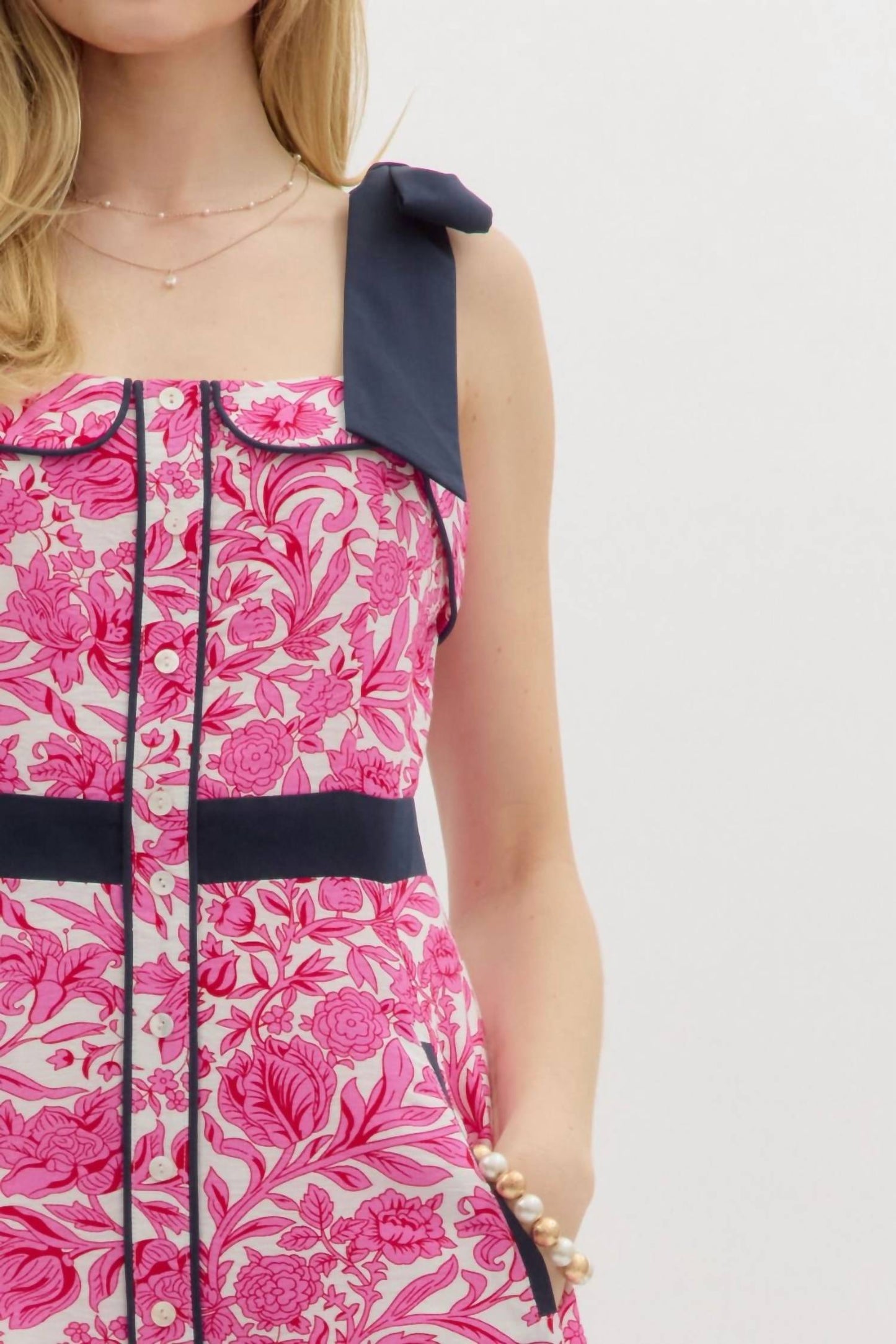 Entro - Shoulder Tie Print Midi Dress